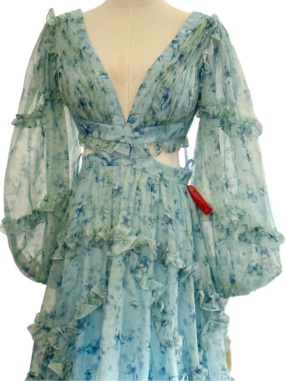 NWT Mac Duggal $498 MSRP Sky Blue Floral Long Sleeve Cutout Ruffle Tiered Gown - Picture 4 of 10